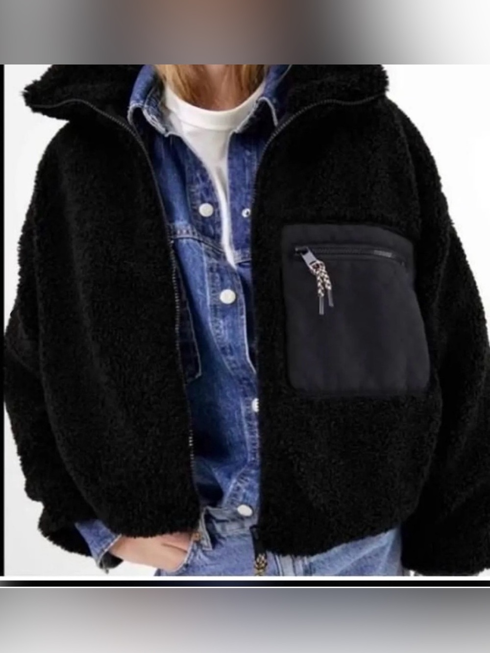 Zara black Sherpa teddy fleece cropped jacket